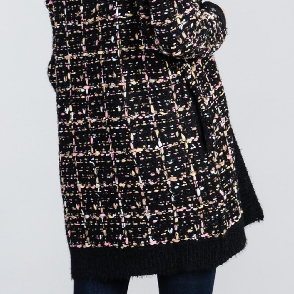 Black Confetti Tweed Knit Open Front Long Cardigan - Picture 8 of 12